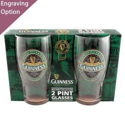 Guinness 2 Pack Of Pint Glasses With Guinness Ireland Label Design